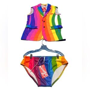 NWT Shinesty Men's Sleeveless Jacket 42 Rainbow Rave Vest and Bikini Bottom XL